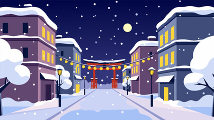 Obraz premium Winter street scene with snow falling on buildings and a traditional Japanese gate at the end of the road