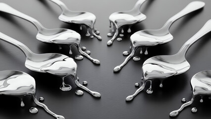 Multiple silver spoons melting like liquid metal on a dark surface, viewed from above