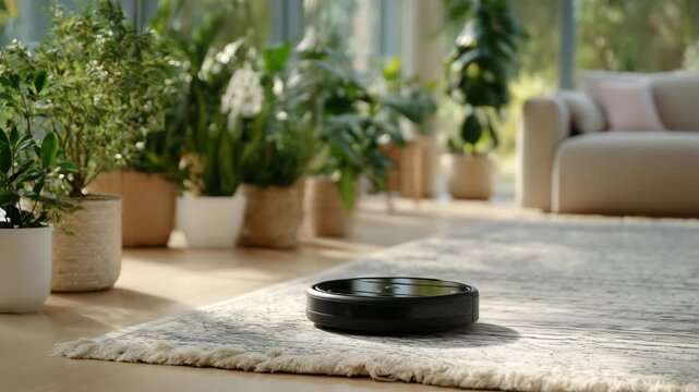80Low-angle shot of a robot vacuum gliding smoothly across a rug, detailed texture of fabric visible, modern living space with indoor plants and soft shadows, smart cleaning technolo