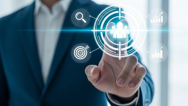 Businessman interacting with futuristic digital interface for data analysis and strategy - Powered by Adobe