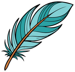 Fototapeta premium Illustration of a turquoise feather with a brown shaft and black outlines isolated on white background