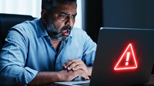 Stressed businessman looking at laptop with red warning sign on screen 4k videos