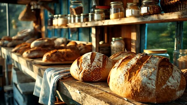 Rustic outdoor bakery display showcasing freshly baked artisanal bread in warm sunlight