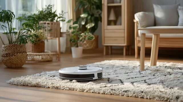 82Detailed lifestyle shot of a robot vacuum actively cleaning a rug, minimalistic decor and uncluttered floor space, emphasis on ease, efficiency, and modern household technology, ph