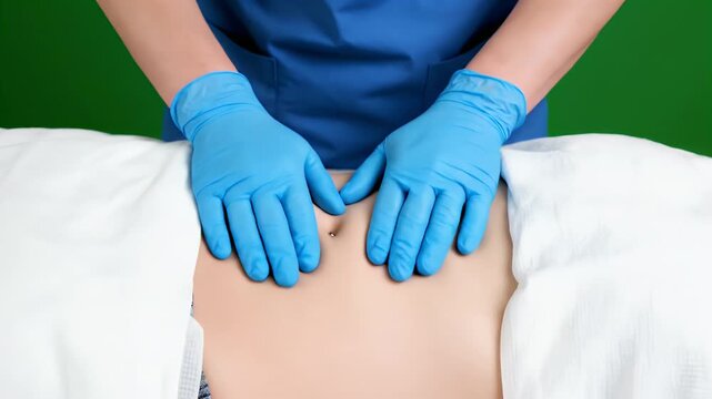 Abdominal Palpation Exam on Green Screen Female Patient Undergoing Medical Checkup with Blue Gloves and White Covering
