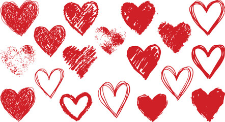Set of Hand Drawn Red Heart Sketches Isolated on White Background for Valentine's Day Design Elements