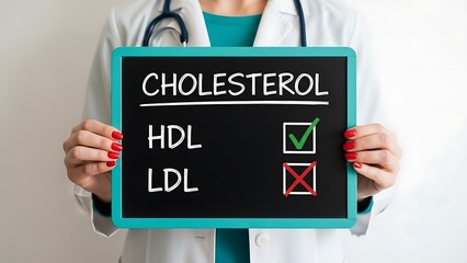 Female medical professional wearing a white coat holds a small chalkboard indicating good high density lipoprotein levels and problematic low density lipoprotein levels.