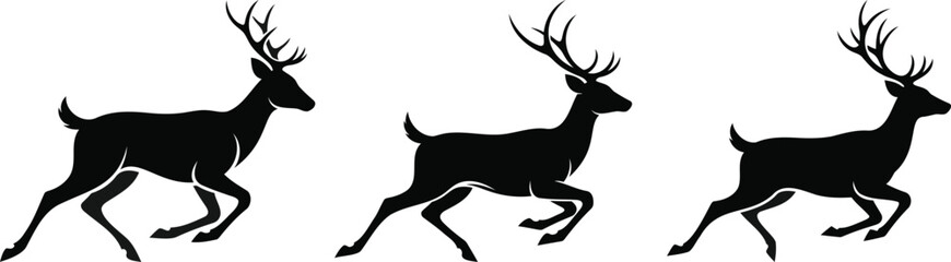 Fototapeta premium Vector illustration of wild deer silhouettes and a stag with antlers, featuring a cartoon buck and elk head icons for winter nature or Christmas art