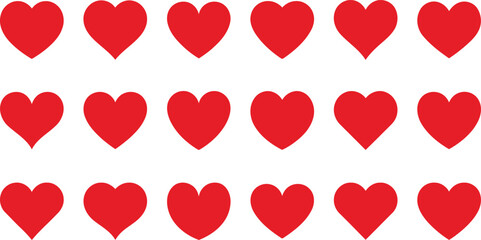 Collection of Eighteen Red Heart Icons Arranged in a Grid Pattern on White Background for Valentines