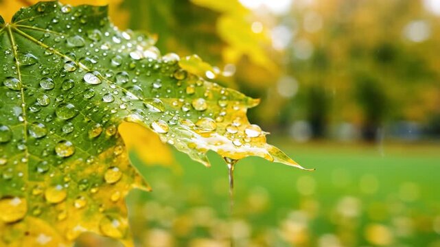 Raindrops On Maple Leaf Creating Serene Ambience And Natural Beauty In Autumn Scenery