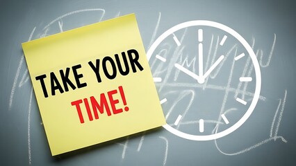 Motivational sticky note with the reminder to take your time placed near a large white clock outline drawn on a dark background symbolizes patience.