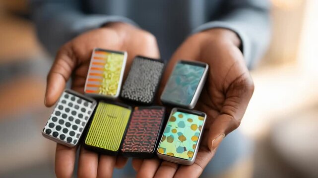 Closeup of a person selecting a customdesigned pager cover from multiple patterned options highlighting personal expression and customization variety