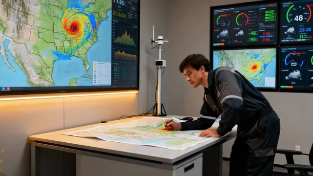 Forecaster studying detailed local weather maps and sensor data screens in a compact modern weather monitoring station