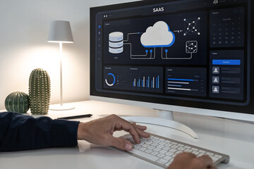 IT Professional Managing SaaS Cloud Computing and Digital Data Storage on a Desktop Monitor with...