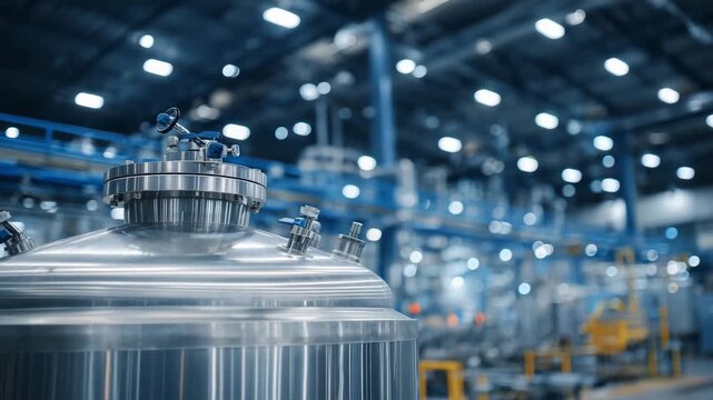 115Close-up of vertical stainless steel reactor vessel with complex piping and safety valves, soft industrial lighting, modern chemical manufacturing facility, process optimization an