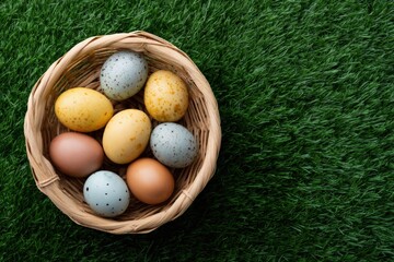 Colorful easter eggs in basket on green grass background