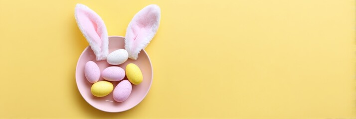 Festive easter egg arrangement with bunny ears on pastel yellow background