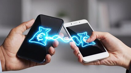 Central Bank Digital Currencies concept. Two hands exchanging digital currency via smartphones. - Powered by Adobe