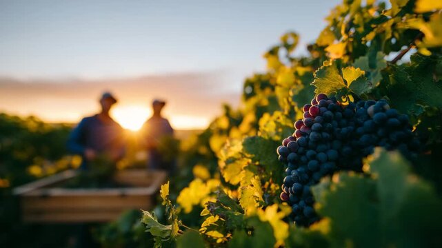 126Detailed close-up of vineyard rows heavy with mature grapes, leaves glowing in warm sunlight, farm workers in background filling harvest baskets, wine production beginning at the s