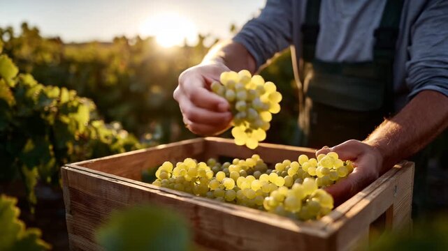 127Close-up of hands placing freshly harvested grapes into a wooden crate, juice glistening on skins, vine leaves and sunlit rows visible behind, grape farming and winemaking origin c