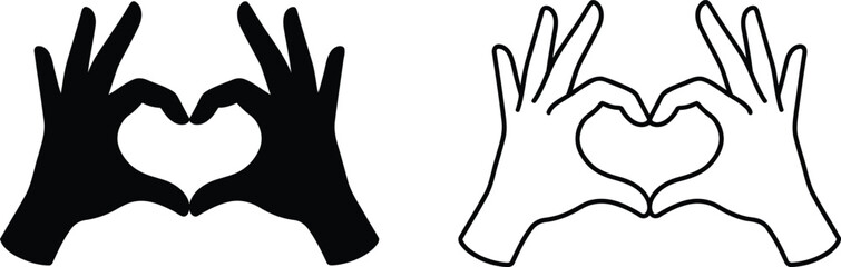 Heart Hand Gesture Vector Icon Set, Silhouette and Line Art Illustration of Loving Hands Symbol