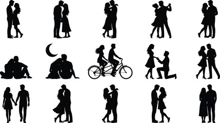 Set of Romantic Couple Silhouettes: Vector Illustrations of Love, Kissing, Dancing, and Proposals