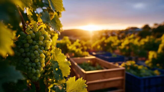 142Close-up of vineyard harvest scene with grape clusters in sharp focus, baskets filling along the row, warm golden light, rural grape farming and winemaking process beginning concep