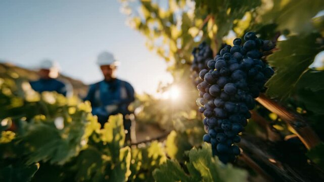 144Detailed close-up of grapes still on the vine as workers pass through rows collecting fruit, leaves rustling in sunlight, countryside vineyard harvest and seasonal farming lifestyl