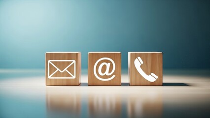 Contact us icons on wooden blocks for communication