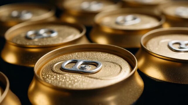 155Macro close-up of beer cans raised together, metallic rims touching, gold can glowing under ambient light, festive social gathering and drinks promotion concept