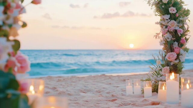 Floral wedding arch with burning candles stands on a sandy beach during a beautiful sunset