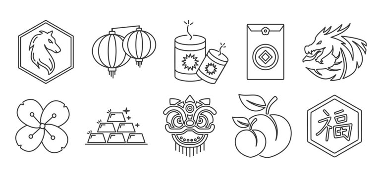 Chinese New Year 2026 icon set collection in outline style. Icon pack contain horse, latern, firecracker, red envelope, dragon, cherry blossom, gold ingot, lion, peach, fu character, Chinese New Year 