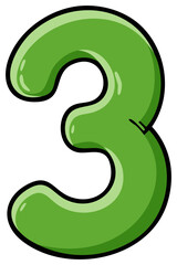 Green Number 3 Cartoon Illustration. Isolated Number 3. Numerals Design.
