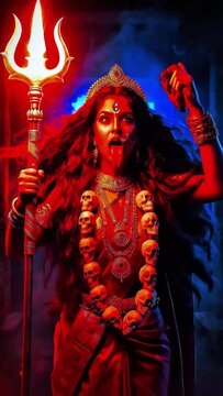 Mythic Hindu Goddess Kali Crushing Asura Darkness. Indian Hindu Goddess Mythological Story, Cinematic and Dramatic Scene.