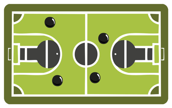 Top down vector illustration of a foosball table soccer field with multiple game balls and goals