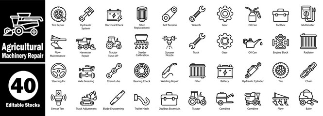 Farm equipment maintenance tools and mechanical parts icons for tractor servicing Vector Illustrator. © Hafiz