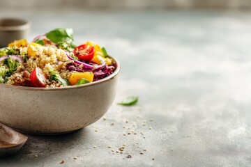Fresh salad bowl with quinoa, vegetables, and herbs on a table in a bright kitchen setting during the day