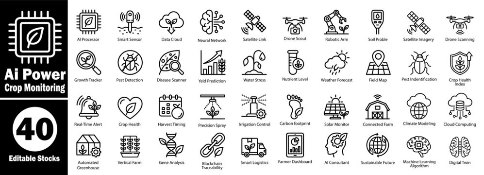Ai power crop monitoring icons for smart farming technology and data analytics Vector Illustrator.