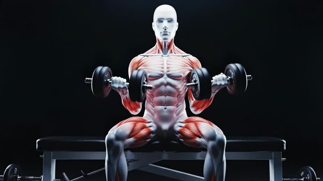 Anatomical illustration of a muscular male figure performing seated dumbbell bicep curls, highlighting muscle groups against a dark background 4k videos