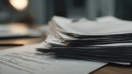 Stacked papers and documents on a wooden desk during an office work session in an evening setting