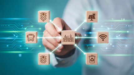 Person interacting with futuristic digital interface icons on circuit board background