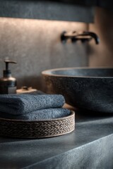 Modern bathroom scene with towels and sink arrangement in low lighting