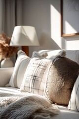 Cozy living room with soft pillows and warm sunlight in the afternoon