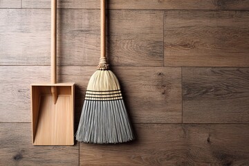 Wooden broom and dustpan positioned on a wooden floor, showcasing natural materials and textures in a clean and organized indoor space with copy space