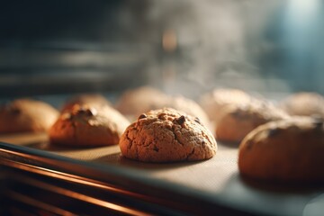 Freshly baked cookies cooling in an oven after baking with steam rising around them