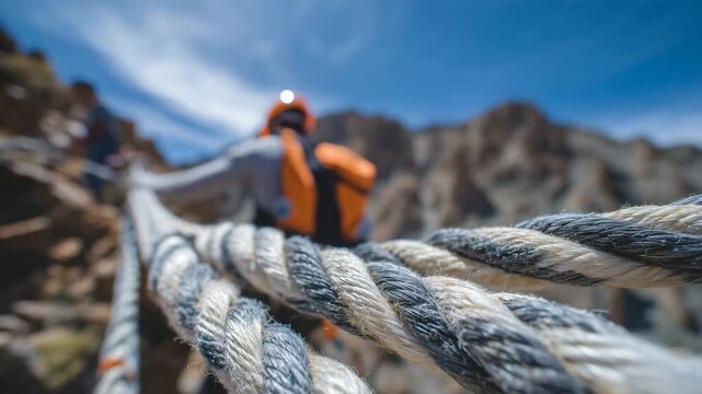 176Macro close-up of rope fibers and carabiner gates, orange helmet blurred in background, rocky mountain surface visible, focus on safety, durability, and extreme climbing conditions