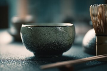 Ceramic bowl and bamboo whisk on a table for Japanese tea preparation in a quiet setting