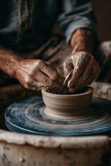 Crafting clay on a pottery wheel during a pottery session in a workshop in the afternoon