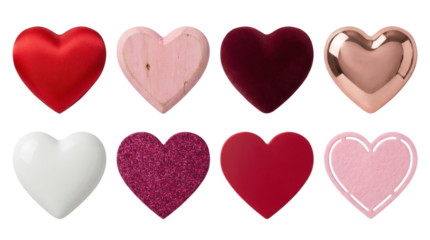 Assorted heart shape set including red satin, rustic wood, velvet, rose gold, white ceramic, glitter, and felt variants isolated. Valentine's Day decoration and romantic symbol collection.