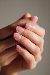 Hands with neatly manicured nails showing a soft color under natural light in a simple indoor setting